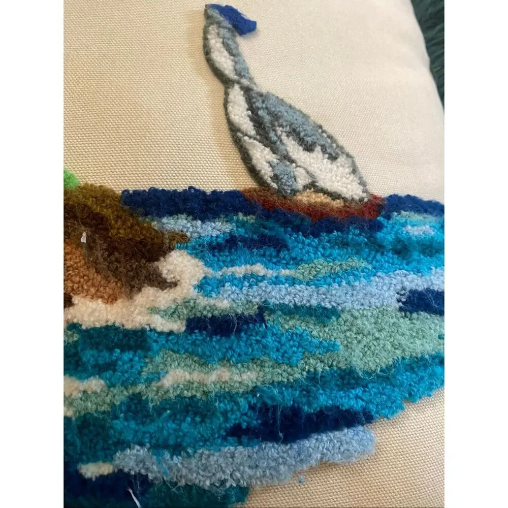 Lighthouse Sailboat Needlepoint Fringed Throw Pillow 16x16 Coastal Decor Vtge